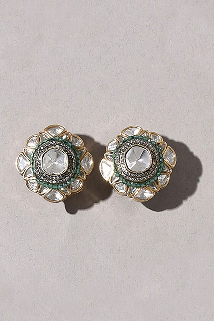 Gold Plated Hydro Polki & Green Agate Bead Stud Earrings by Joules By Radhika at Pernia's Pop Up Shop