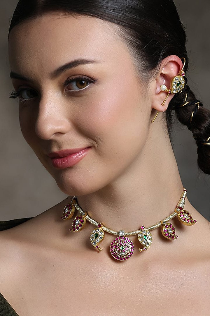 Gold Finish Ruby & Emerald Green Stone Necklace Set by Joules By Radhika at Pernia's Pop Up Shop