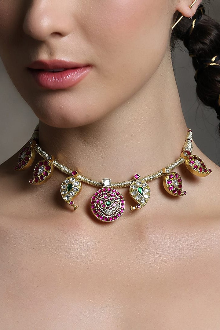 Gold Finish Ruby & Emerald Green Stone Necklace Set by Joules By Radhika at Pernia's Pop Up Shop