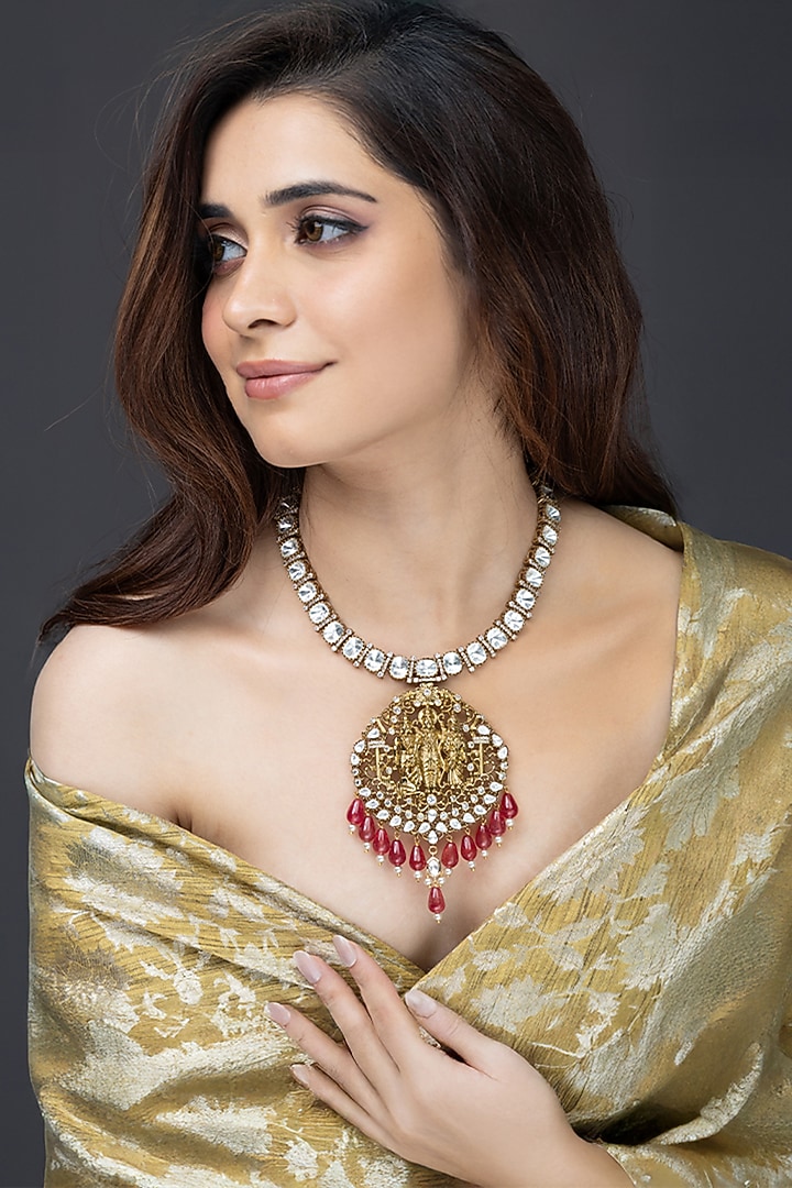 Gold Finish Red Droplet Pendant Necklace by Joules By Radhika at Pernia's Pop Up Shop