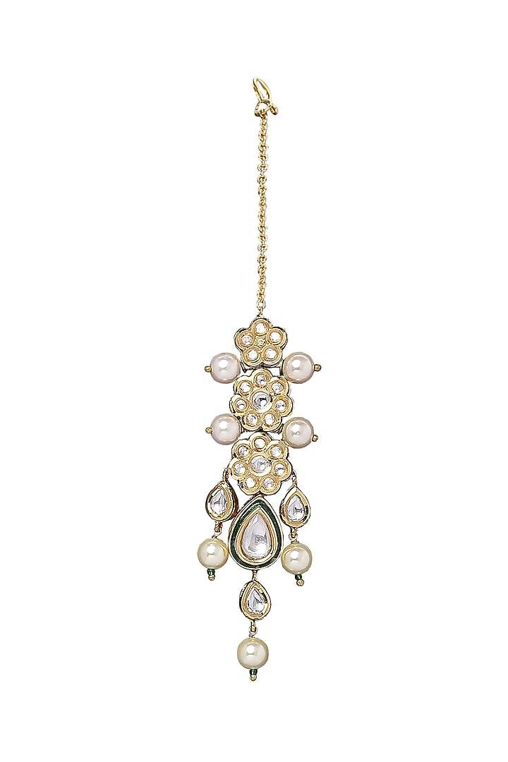 Gold Plated Shell Pearl Maang Tikka by Joules By Radhika at Pernia's Pop Up Shop