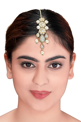Gold Plated Shell Pearl Maang Tikka by Joules By Radhika