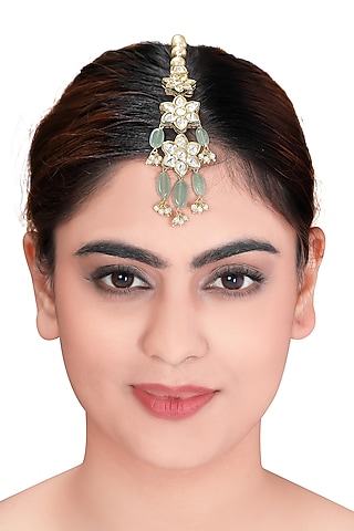 Gold Plated Polki & Jade Maang Tikka by Joules By Radhika