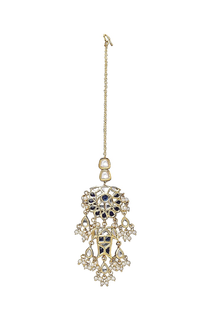 Gold Plated Polki & Pearl Maang Tikka by Joules By Radhika at Pernia's Pop Up Shop
