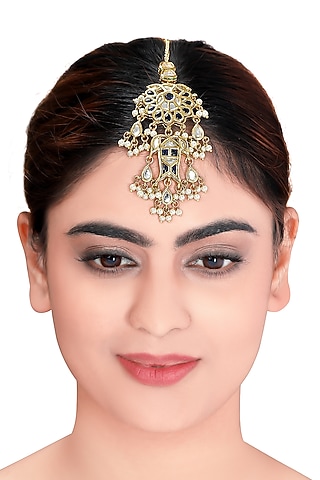 Gold Plated Polki & Pearl Maang Tikka by Joules By Radhika