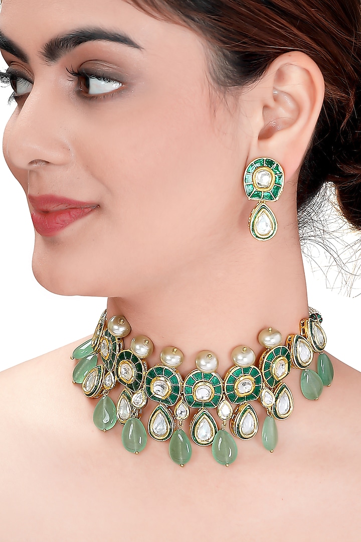 Gold Plated Green Meenakari Necklace Set by Joules By Radhika