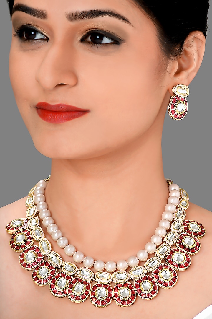 Gold Plated Polki Meenakari Necklace Set by Joules By Radhika