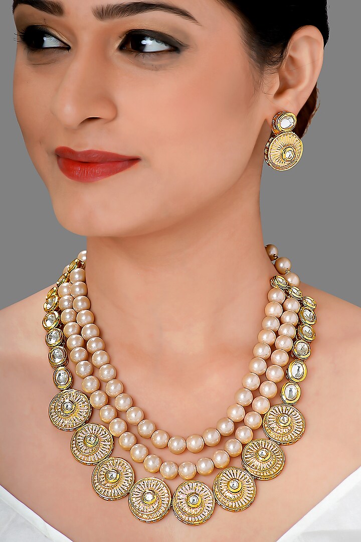 Gold Plated Meenakari Pearl Necklace Set by Joules By Radhika