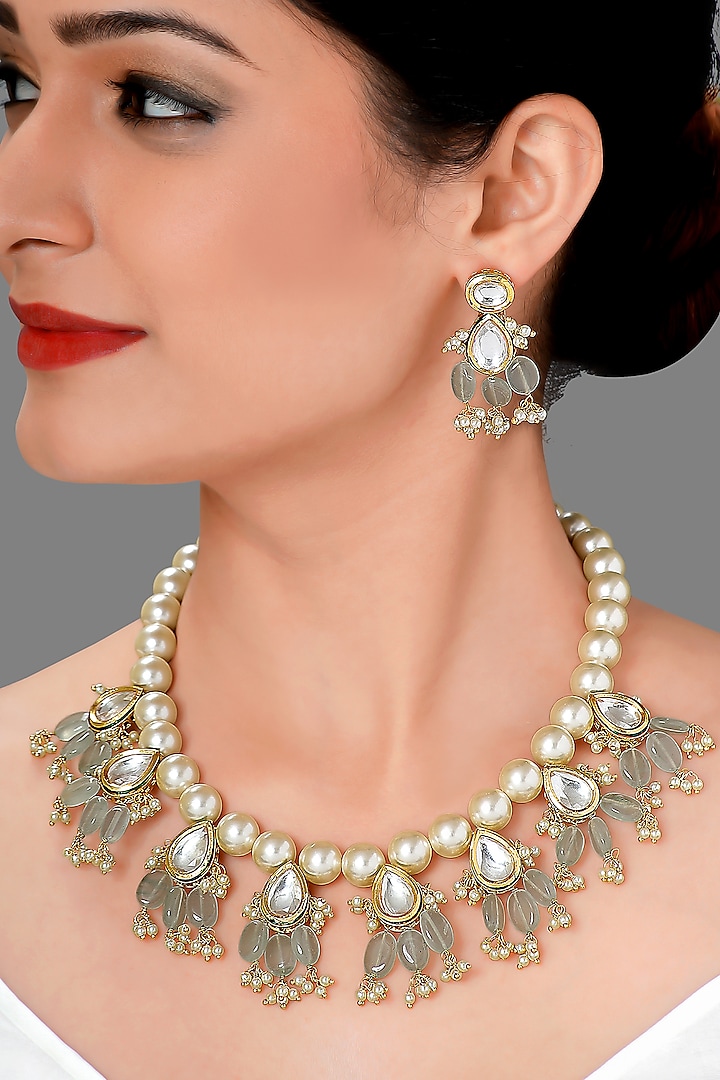 Gold Plated Polki & Jade Necklace Set by Joules By Radhika