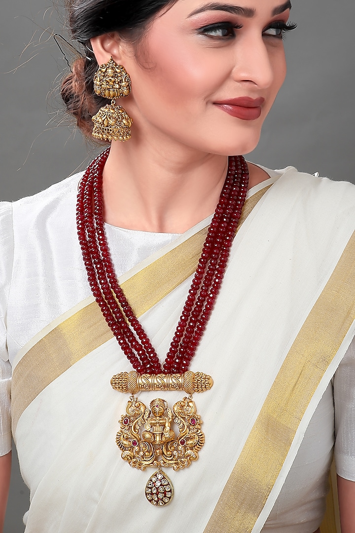 Gold Plated Beaded Temple Pendant Necklace Set by Joules By Radhika