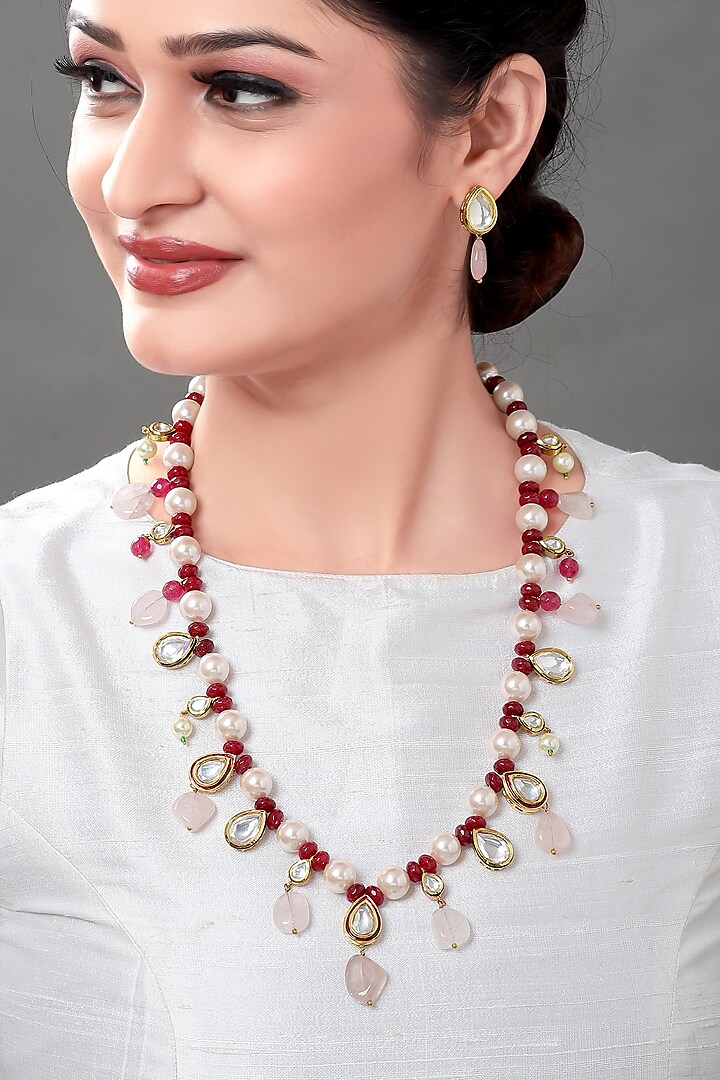 Gold Plated Rose Quartz Necklace Set by Joules By Radhika