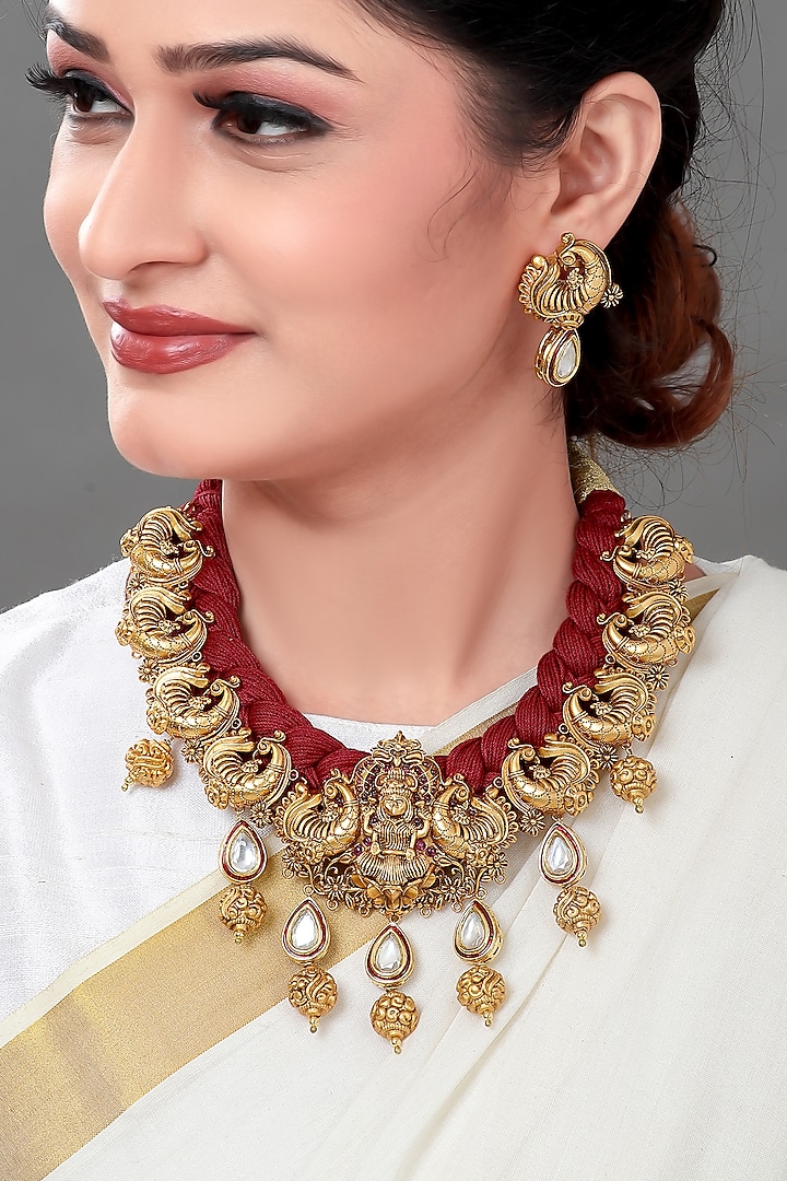 Antique Gold Plated Polki & Thread Necklace Set by Joules By Radhika