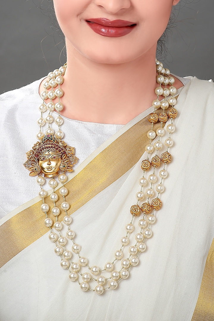 Gold Plated Pearl Temple Pendant Necklace by Joules By Radhika