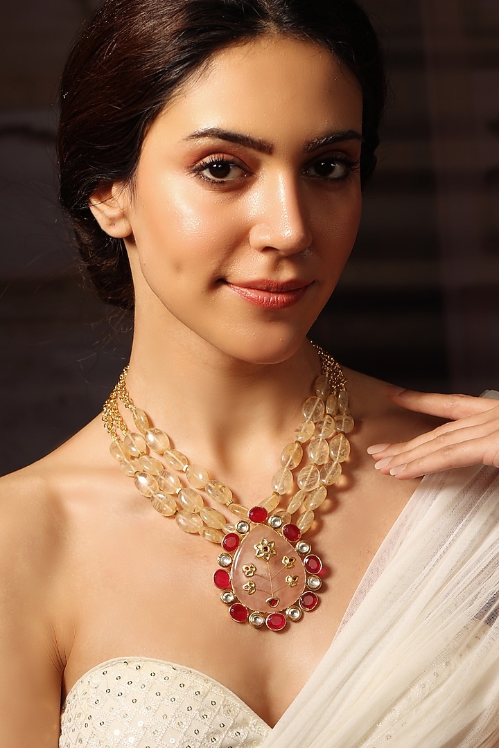 Gold Finish Pink Stone Cascade Necklace by Joules By Radhika at Pernia's Pop Up Shop
