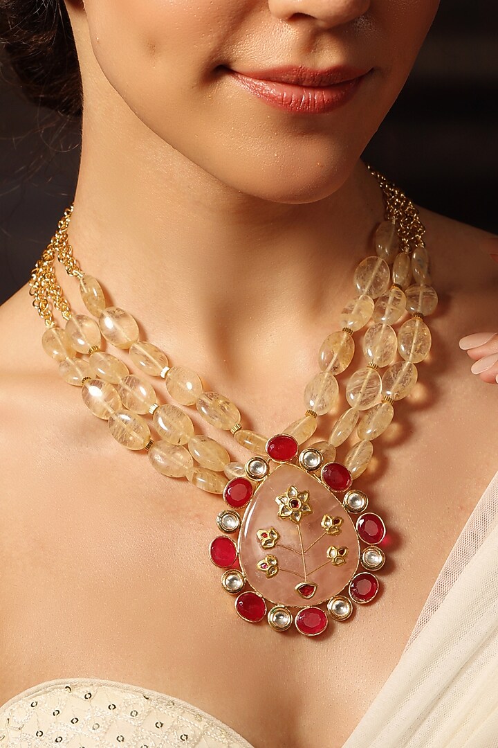 Gold Finish Pink Stone Cascade Necklace by Joules By Radhika at Pernia's Pop Up Shop