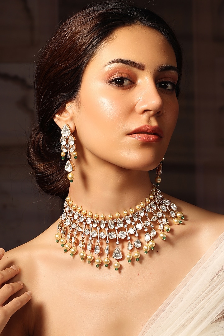 Gold Finish Gemstone Necklace Set by Joules By Radhika at Pernia's Pop Up Shop