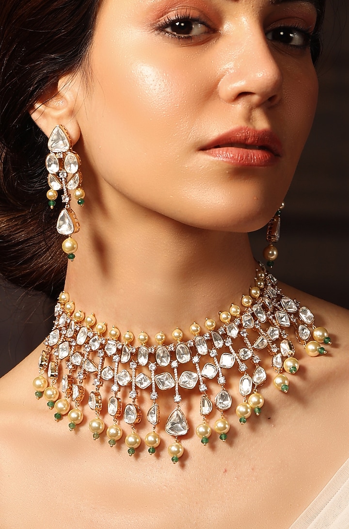 Gold Finish Gemstone Necklace Set by Joules By Radhika at Pernia's Pop Up Shop