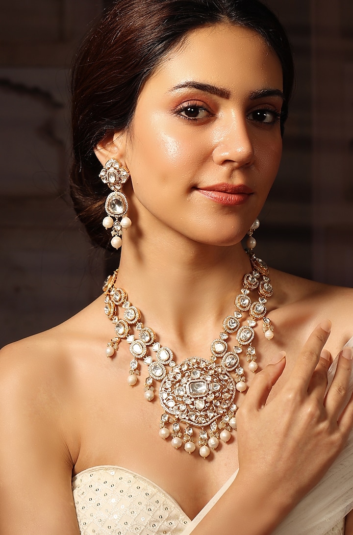 Gold Finish Kundan Polki Necklace Set by Joules By Radhika at Pernia's Pop Up Shop