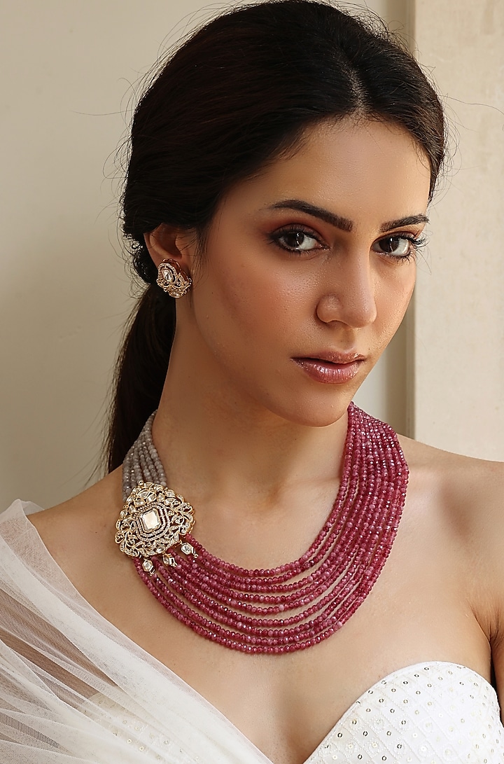 Gold Finish Pink Stone Necklace Set by Joules By Radhika at Pernia's Pop Up Shop