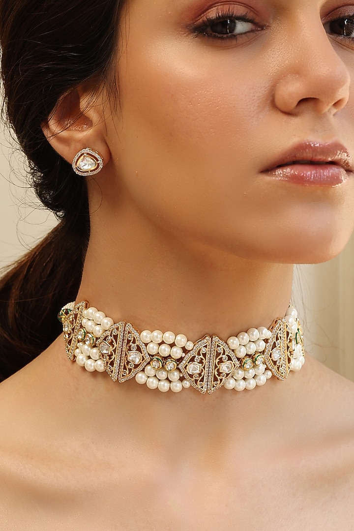 Gold Finish Pearl Layered Necklace Set by Joules By Radhika at Pernia's Pop Up Shop