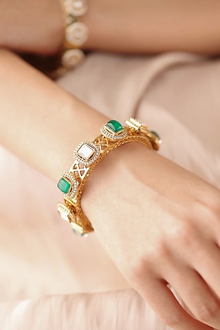 Gold Finish Square Stone Bangle by Joules By Radhika