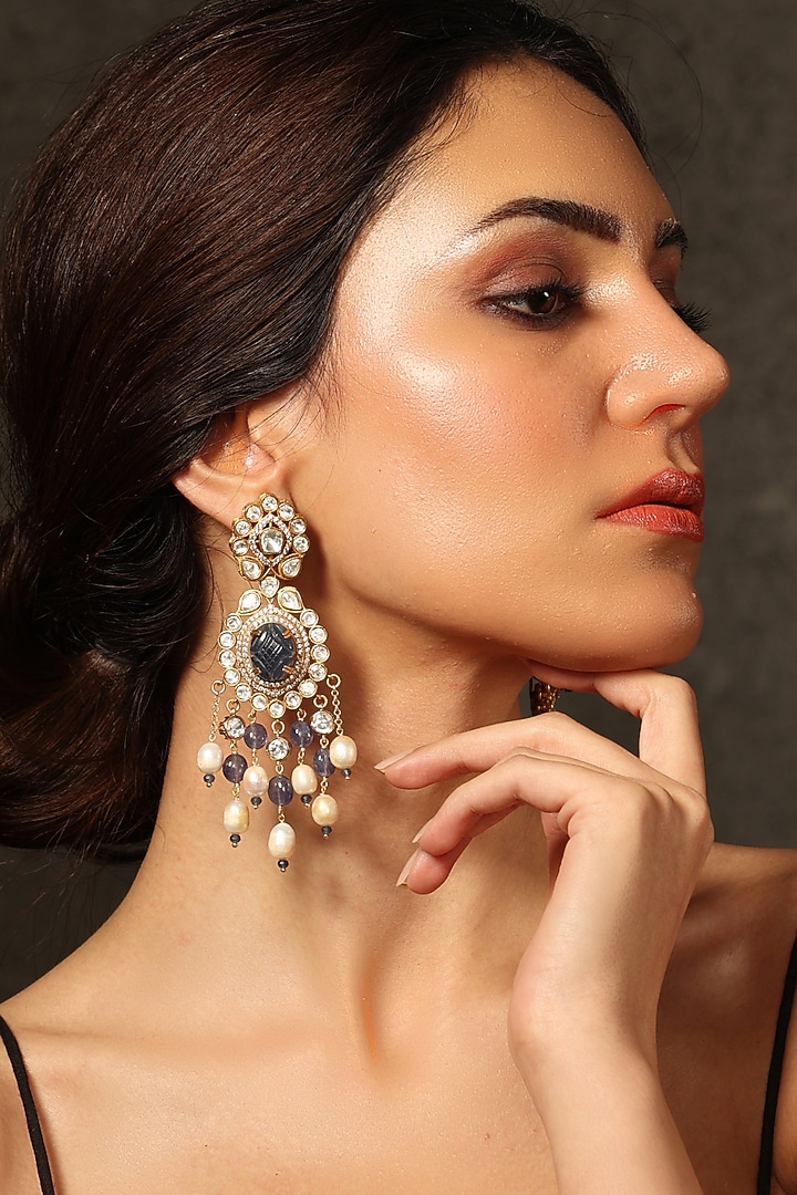 Gold Finish Kundan Polki & Blue Stone Dangler Earrings by Joules By Radhika at Pernia's Pop Up Shop