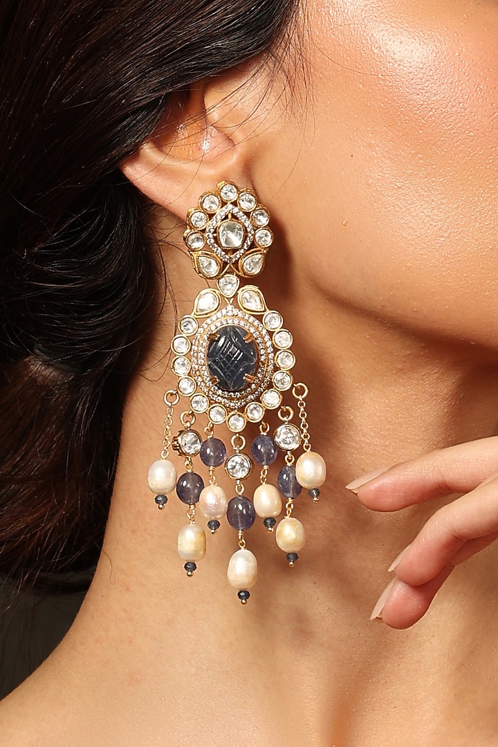 Gold Finish Kundan Polki & Blue Stone Dangler Earrings by Joules By Radhika at Pernia's Pop Up Shop