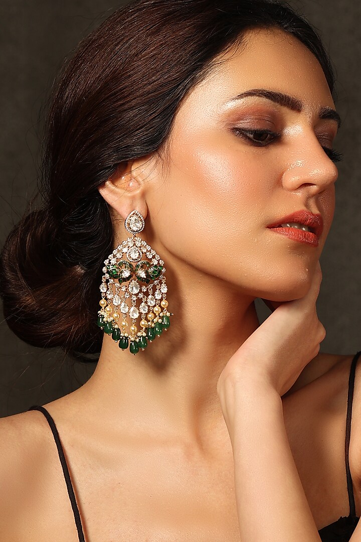 Gold Finish Kundan Polki & Green Stone Chandbali Earrings by Joules By Radhika at Pernia's Pop Up Shop