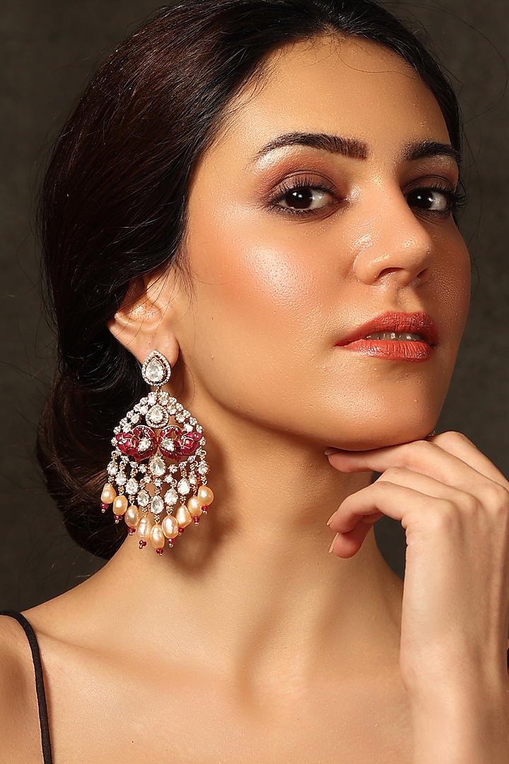 Gold Finish Red Stone Chandbali Earrings by Joules By Radhika at Pernia's Pop Up Shop