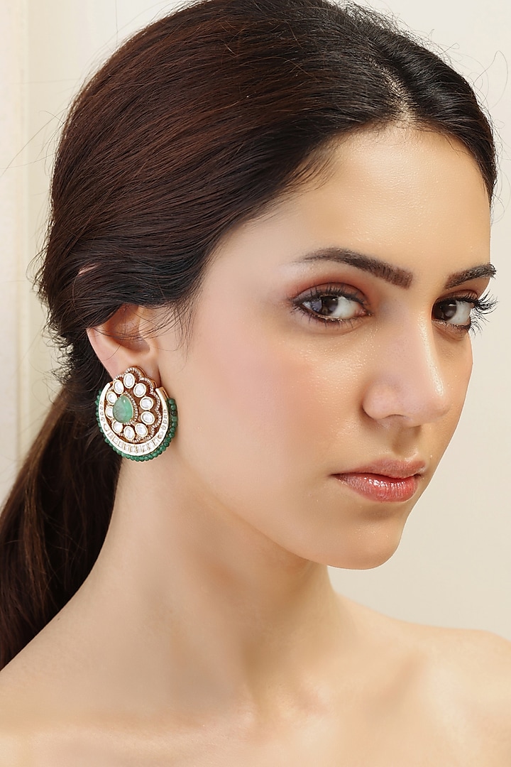 Gold Finish Kundan Polki & Bead Work Stud Earrings by Joules By Radhika at Pernia's Pop Up Shop