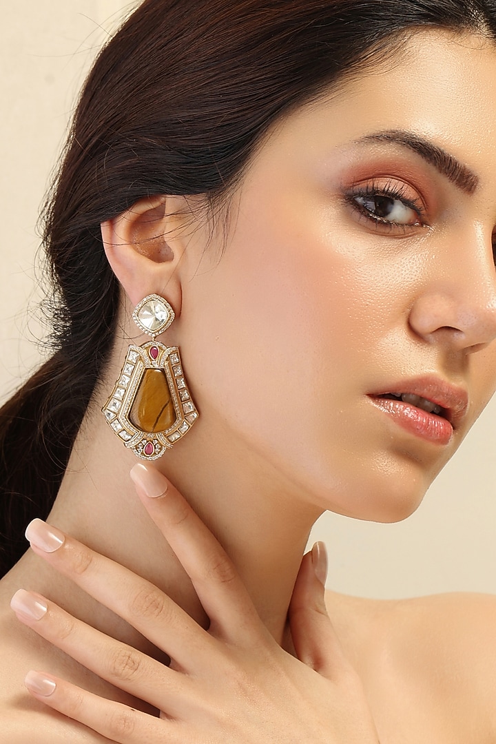 Gold Finish Kundan Polki Dangler Earrings by Joules By Radhika at Pernia's Pop Up Shop