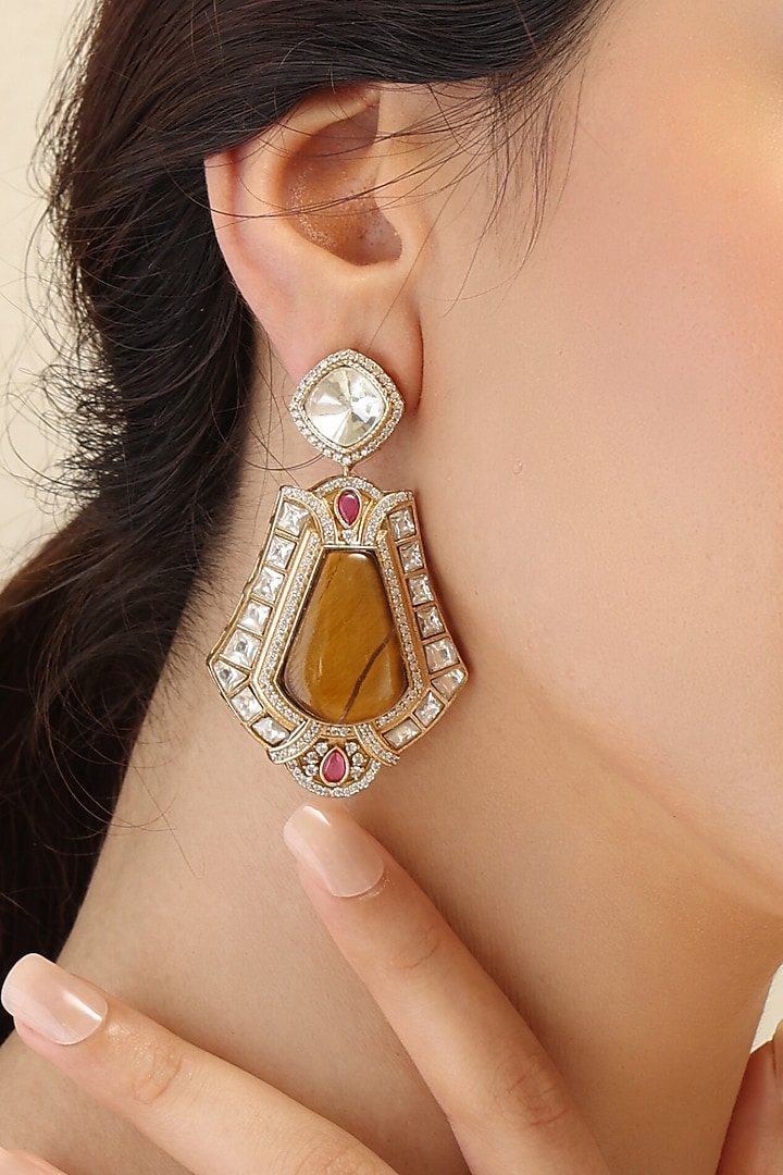 Gold Finish Kundan Polki Dangler Earrings by Joules By Radhika at Pernia's Pop Up Shop