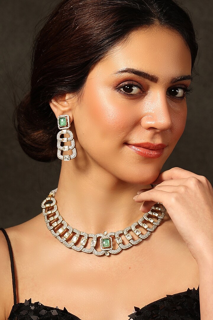 Gold Finish Kundan Polki & Emerald Necklace Set by Joules By Radhika at Pernia's Pop Up Shop