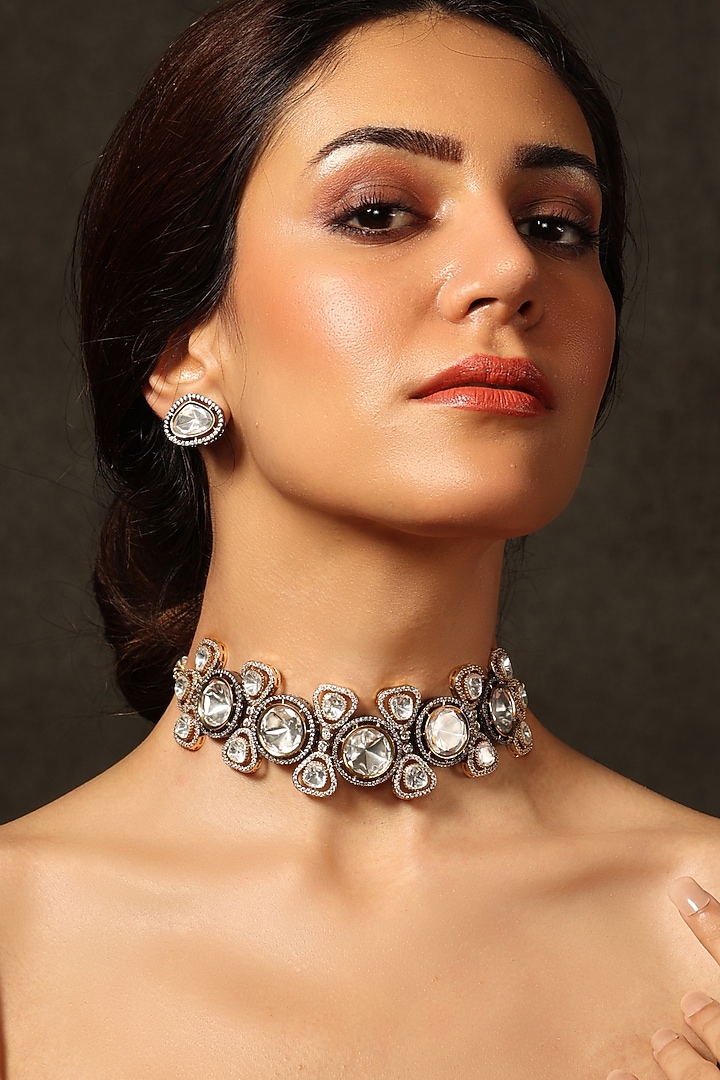 Gold Finish Gemstone Choker Necklace Set by Joules By Radhika at Pernia's Pop Up Shop