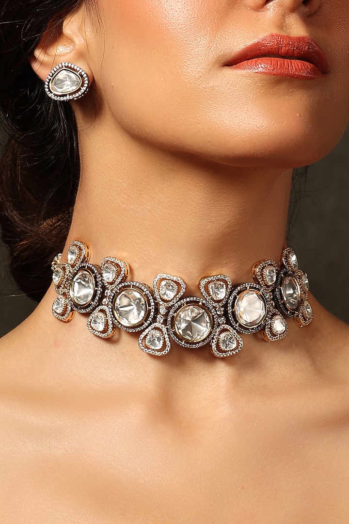 Gold Finish Gemstone Choker Necklace Set by Joules By Radhika at Pernia's Pop Up Shop