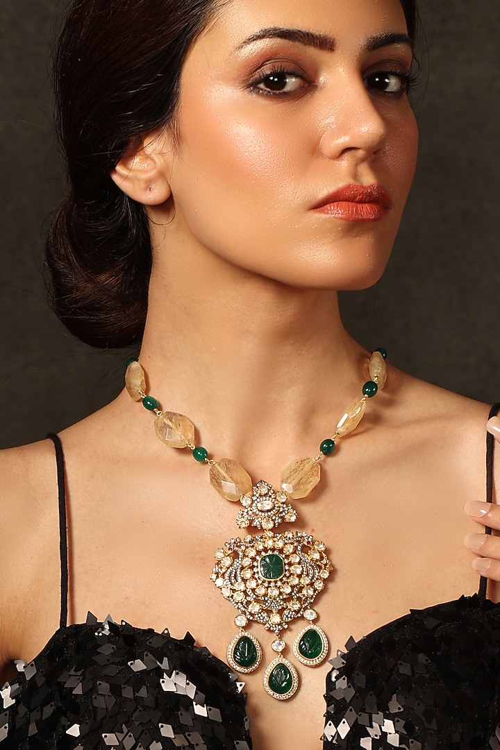 Gold Finish Kundan Polki & Beaded Pendant Necklace by Joules By Radhika at Pernia's Pop Up Shop