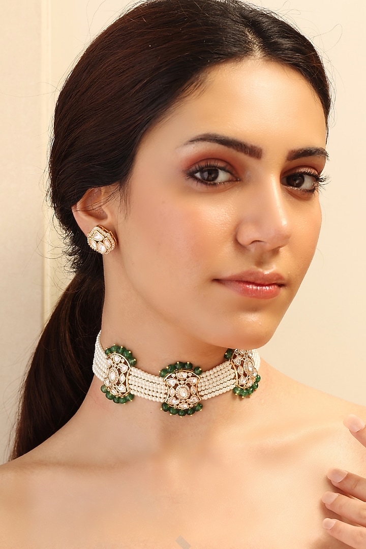 Gold Finish Green Stone Choker Necklace Set by Joules By Radhika at Pernia's Pop Up Shop