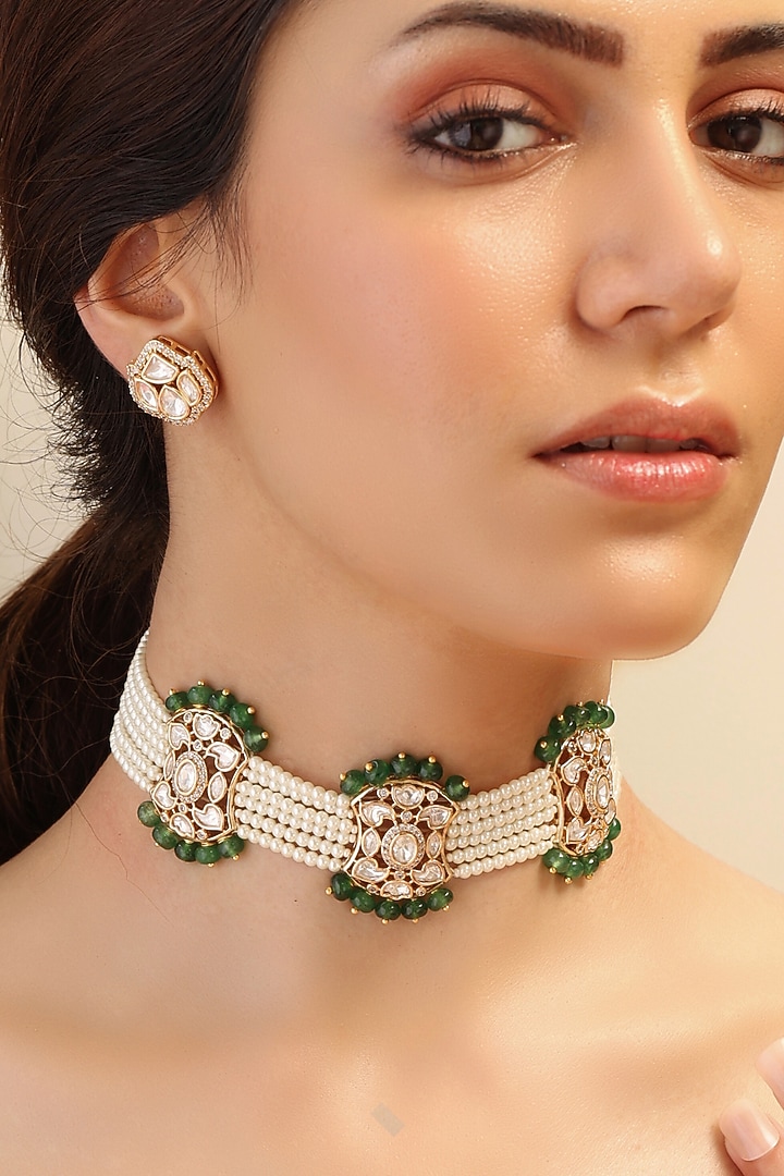 Gold Finish Green Stone Choker Necklace Set by Joules By Radhika at Pernia's Pop Up Shop