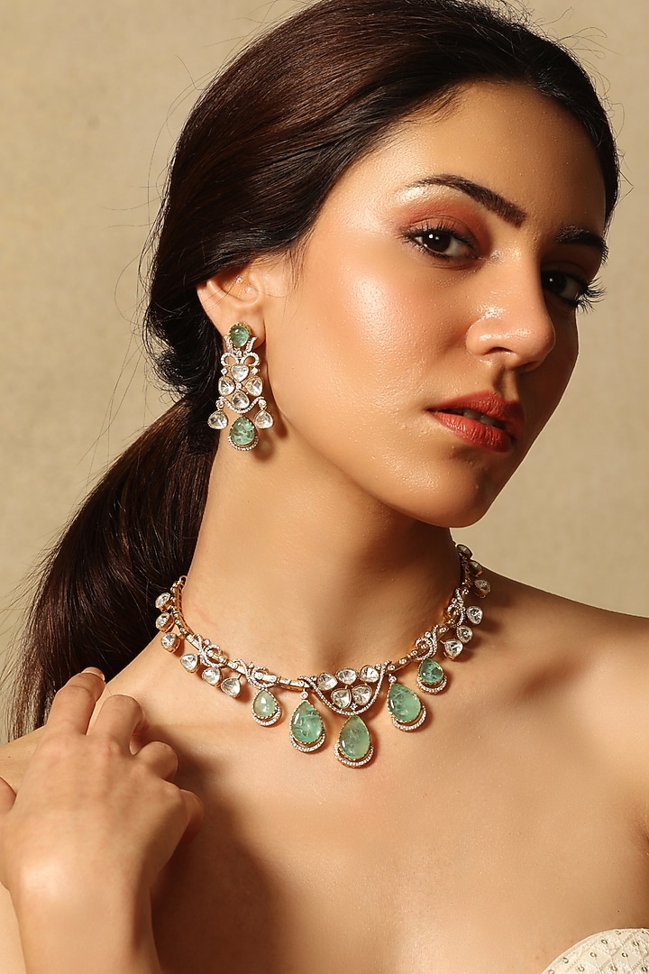 Gold Finish Green Teardrop Stone Necklace Set by Joules By Radhika at Pernia's Pop Up Shop