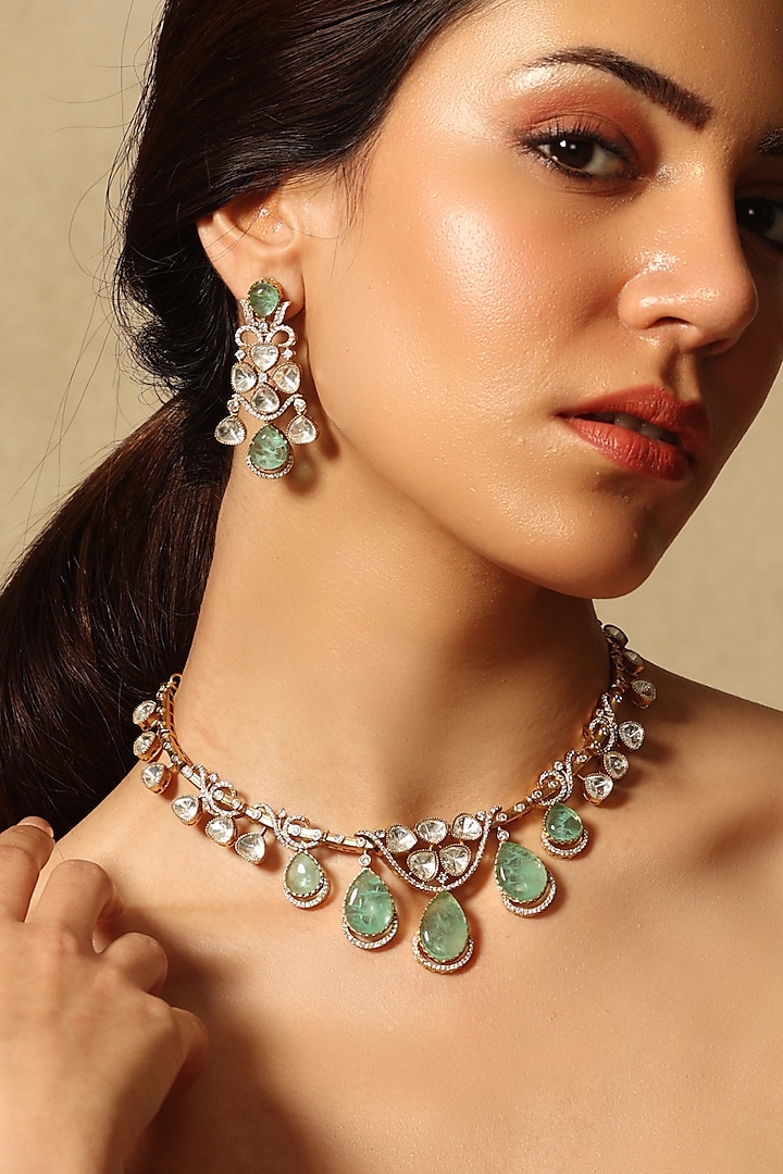 Gold Finish Green Teardrop Stone Necklace Set by Joules By Radhika at Pernia's Pop Up Shop