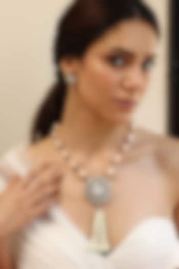 Gold Finish Stone & Tassel Pendant Necklace Set by Joules By Radhika at Pernia's Pop Up Shop