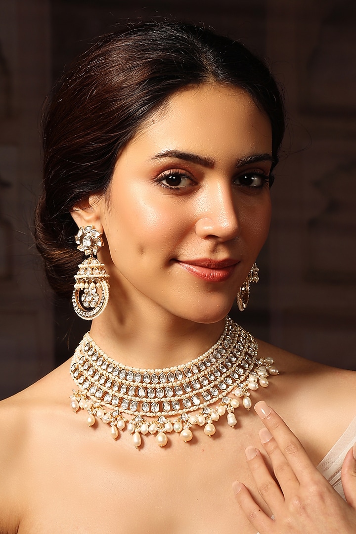 Gold Finish Pearl & Gemstone Necklace Set by Joules By Radhika at Pernia's Pop Up Shop
