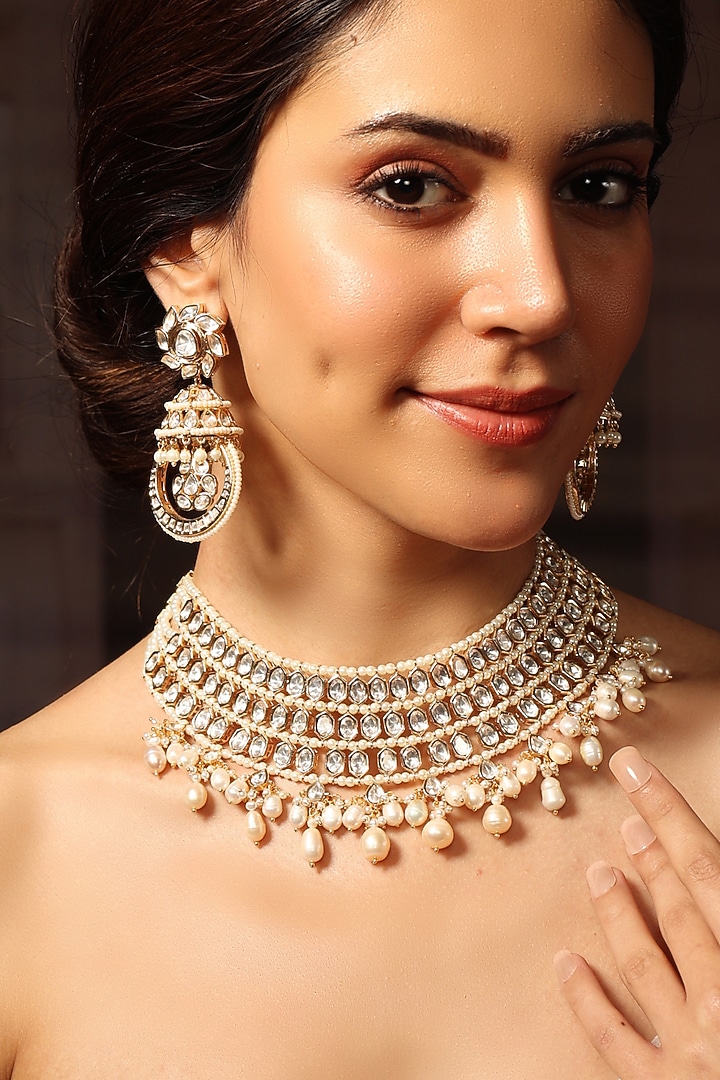 Gold Finish Pearl & Gemstone Necklace Set by Joules By Radhika at Pernia's Pop Up Shop