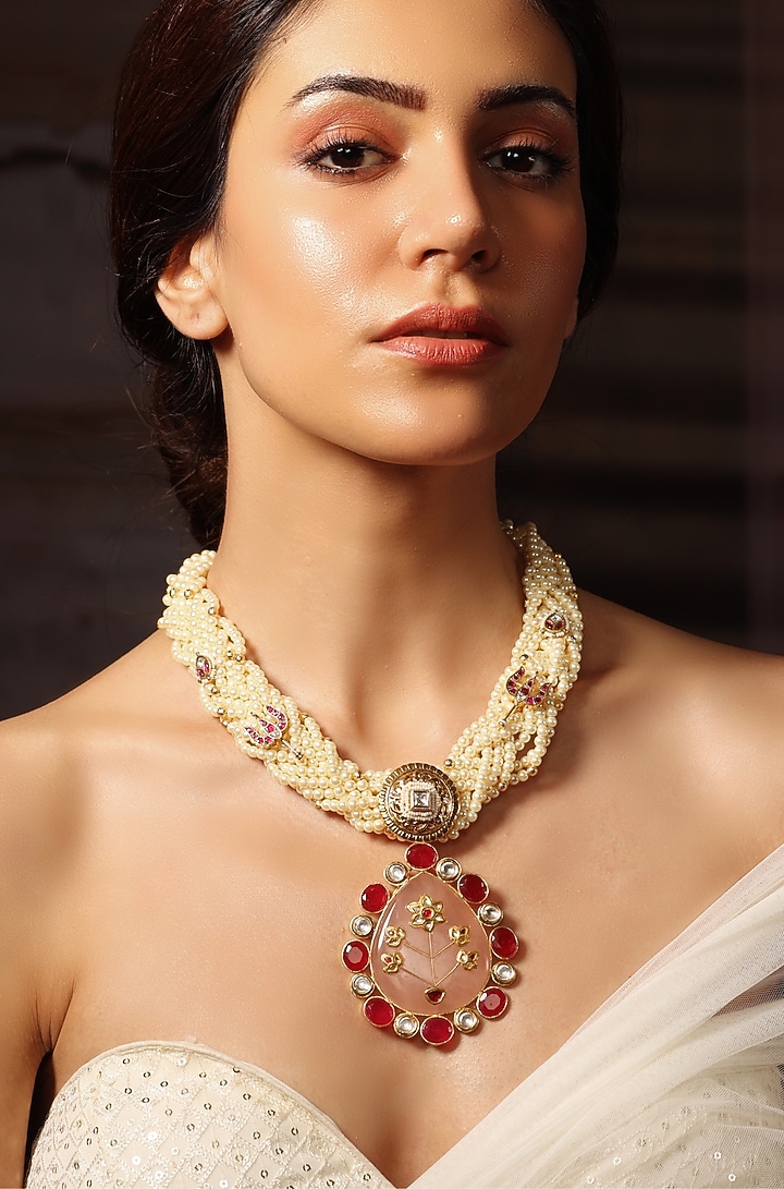 Gold Finish Pink Stone & Motif Necklace by Joules By Radhika at Pernia's Pop Up Shop