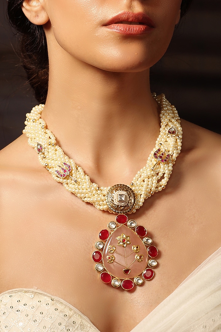 Gold Finish Pink Stone & Motif Necklace by Joules By Radhika at Pernia's Pop Up Shop