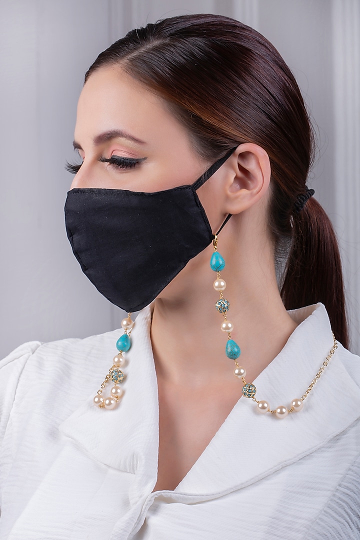 Micro Gold Finish Handcrafted Blue Beaded Mask Chain by Joules By Radhika