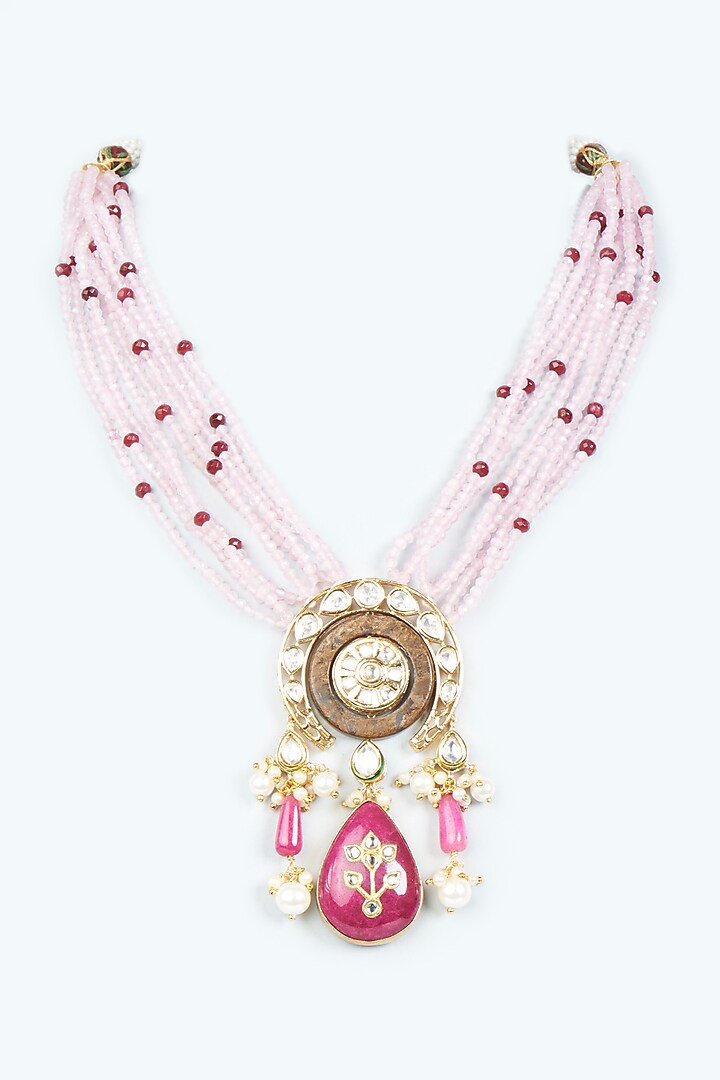 Gold Finish Pink Monalisa Beaded Necklace Design By Joules By Radhika