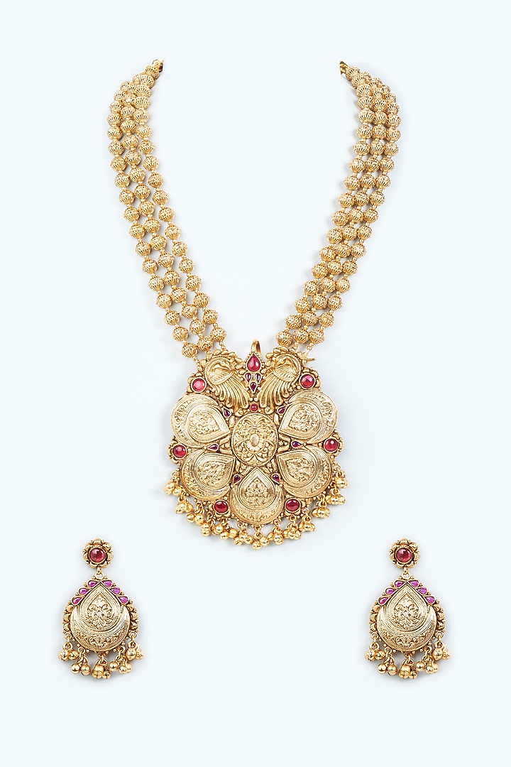 Gold Finish Long Necklace Set With Beads by Joules By Radhika at Pernia's Pop Up Shop