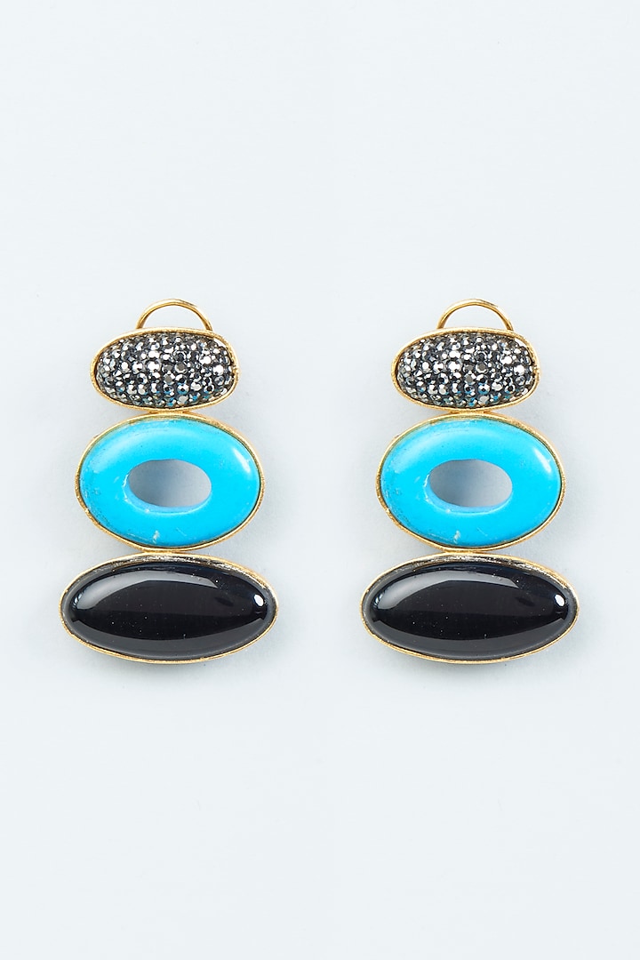 Gold Finish Black Onyx Oval Dangler Earrings by Joules By Radhika