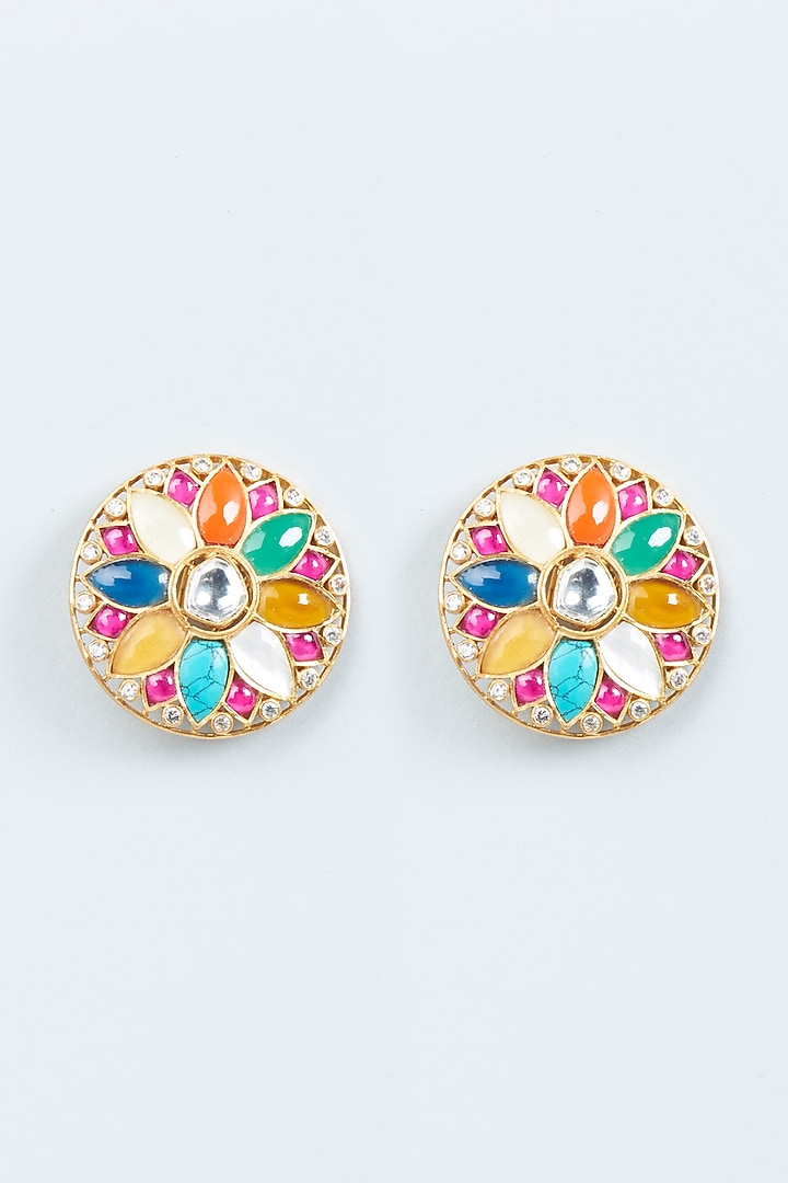 Gold Finish Navratna Hydro Stone Stud Earrings by Joules By Radhika at Pernia's Pop Up Shop